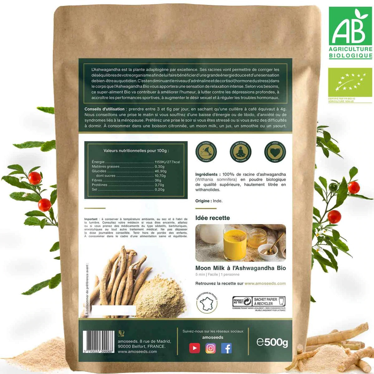 Ashwagandha bio en poudre - 500g